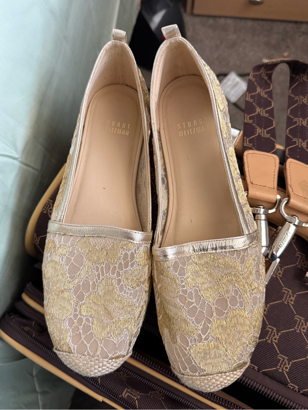 Stuart Weitzman Yellow Lace Espadrille Flats with Metallic Trim